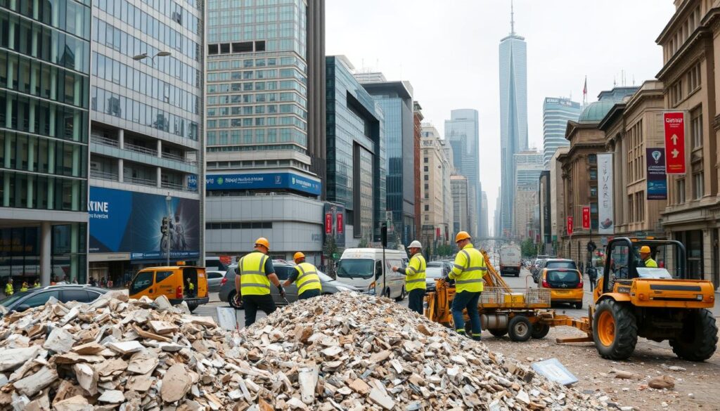 A bustling urban landscape in East London, with a prominent commercial building in the foreground. In the middle ground, a team of skilled professionals in high-visibility safety gear are meticulously clearing away piles of rubble, using specialized equipment and machinery. The background is filled with the familiar sights of the city - towering skyscrapers, bustling streets, and a clear, overcast sky. The scene conveys a sense of efficient, professional service, with the workers demonstrating their expertise and care in the safe and timely removal of the construction debris.