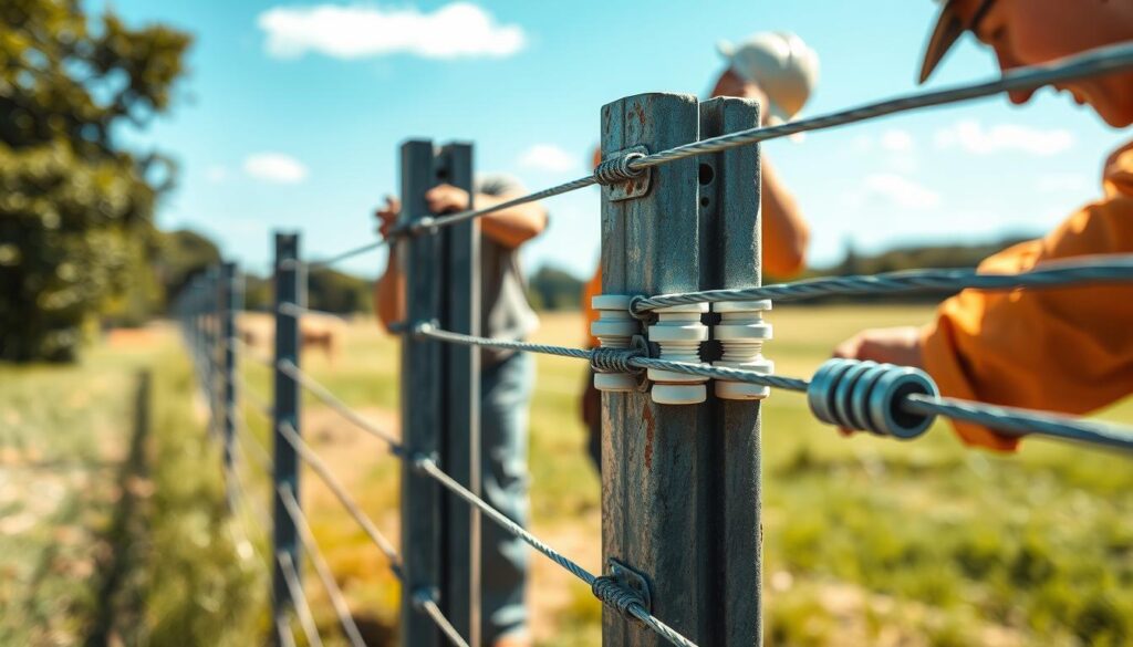 A detailed installation process of a Stafix electric fence system, showcased in a photorealistic style. In the foreground, a worker expertly secures the metal posts and tightens the tensioned wire, ensuring a sturdy and secure foundation. The middle ground depicts the meticulous attachment of the Stafix insulators, maintaining perfect alignment and connectivity. In the background, lush greenery and a clear, bright sky set the scene, conveying a sense of precision and professionalism. The lighting is soft and directional, accentuating the textures of the materials and the worker's focused movements. The camera angle is slightly elevated, providing an informative overview of the complete installation process.