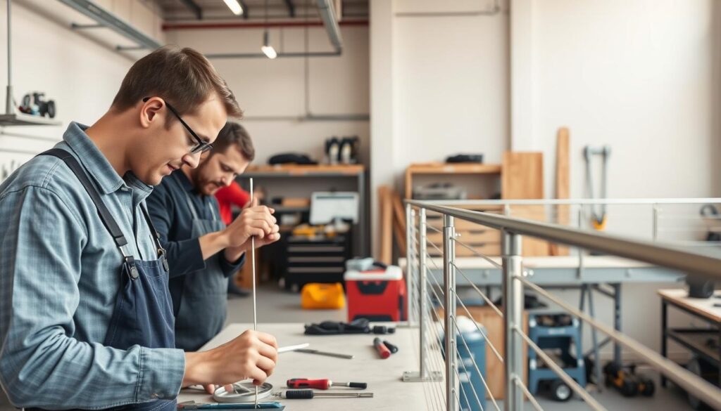 A professional cable railing installation service in a well-lit, modern workshop. In the foreground, skilled technicians meticulously measure and cut high-quality stainless steel cables, ensuring a precise and secure fit. In the middle ground, the workshop is filled with neatly organized tools and equipment, conveying a sense of expertise and attention to detail. The background showcases a partially installed cable railing system, highlighting the clean, minimalist aesthetic and sturdy construction. The overall atmosphere is one of professionalism, efficiency, and a commitment to delivering exceptional results for the client. A professional cable railing installation service in a well-lit, modern workshop. In the foreground, skilled technicians meticulously measure and cut high-quality stainless steel cables, ensuring a precise and secure fit. In the middle ground, the workshop is filled with neatly organized tools and equipment, conveying a sense of expertise and attention to detail. The background showcases a partially installed cable railing system, highlighting the clean, minimalist aesthetic and sturdy construction. The overall atmosphere is one of professionalism, efficiency, and a commitment to delivering exceptional results for the client.