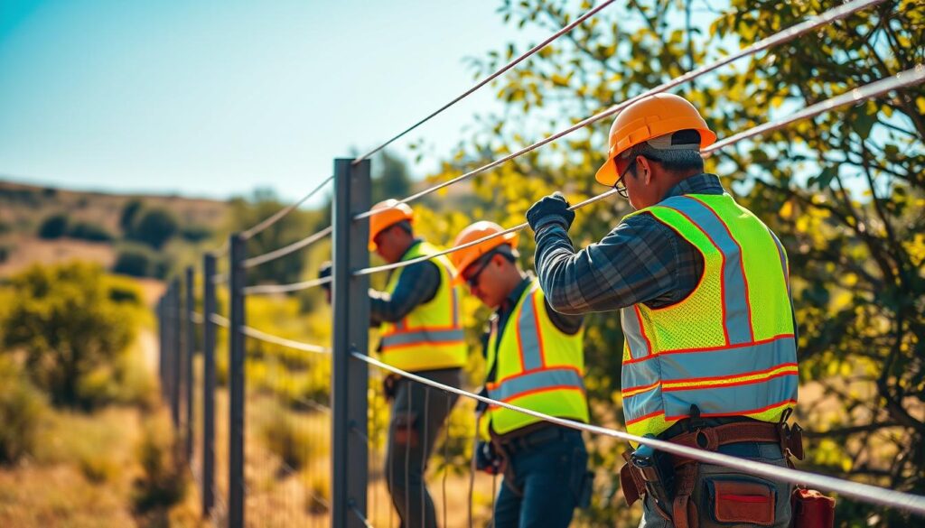 A professional electric fence installation service team diligently working on a Stafix electric fence system, set against the backdrop of a lush, verdant South African landscape. The technicians, clad in high-visibility workwear, meticulously install the sturdy fence posts and carefully stretch the taut, electrified wires, ensuring a seamless and secure perimeter. Sunlight filters through the trees, casting a warm, natural glow over the scene. The composition emphasizes the attention to detail and expertise of the Stafix installation crew, conveying a sense of reliability and professionalism in protecting the property.
