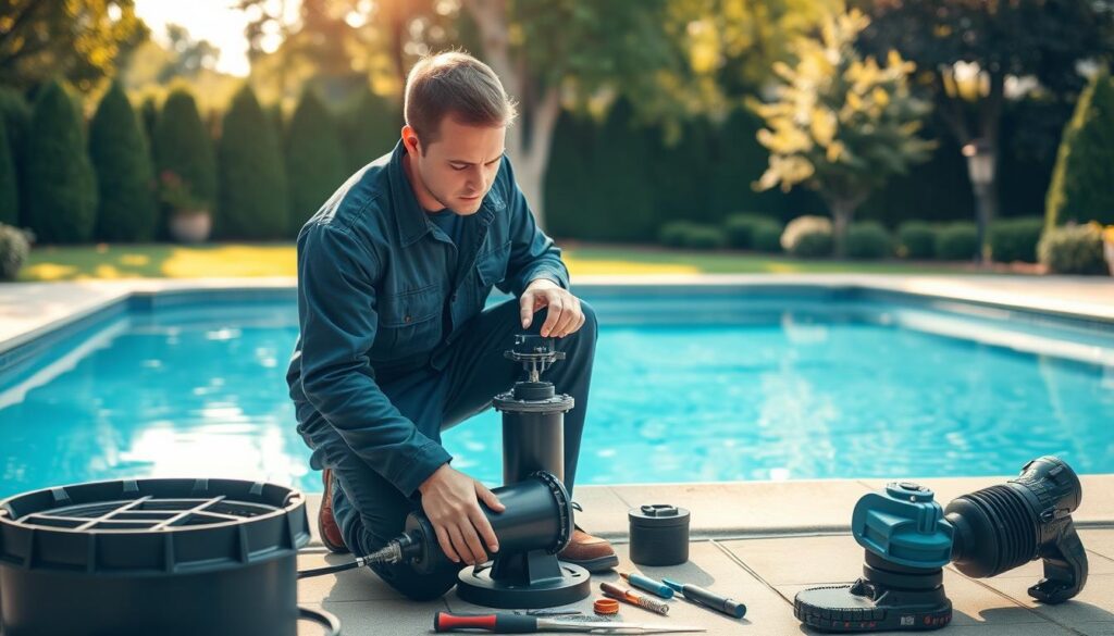 A professional pool filter maintenance technician, clad in a navy blue jumpsuit, kneeling beside an open pool filter housing. Warm, diffused natural light filters through nearby trees, casting a soft glow on the scene. The technician's brow is furrowed in concentration as they inspect the filter components, tools neatly organized on the ground. In the background, a pristine swimming pool glistens, surrounded by lush greenery and a well-manicured yard. The overall atmosphere exudes expertise, attention to detail, and a dedication to keeping the pool in optimal condition. A professional pool filter maintenance technician, clad in a navy blue jumpsuit, kneeling beside an open pool filter housing. Warm, diffused natural light filters through nearby trees, casting a soft glow on the scene. The technician's brow is furrowed in concentration as they inspect the filter components, tools neatly organized on the ground. In the background, a pristine swimming pool glistens, surrounded by lush greenery and a well-manicured yard. The overall atmosphere exudes expertise, attention to detail, and a dedication to keeping the pool in optimal condition.