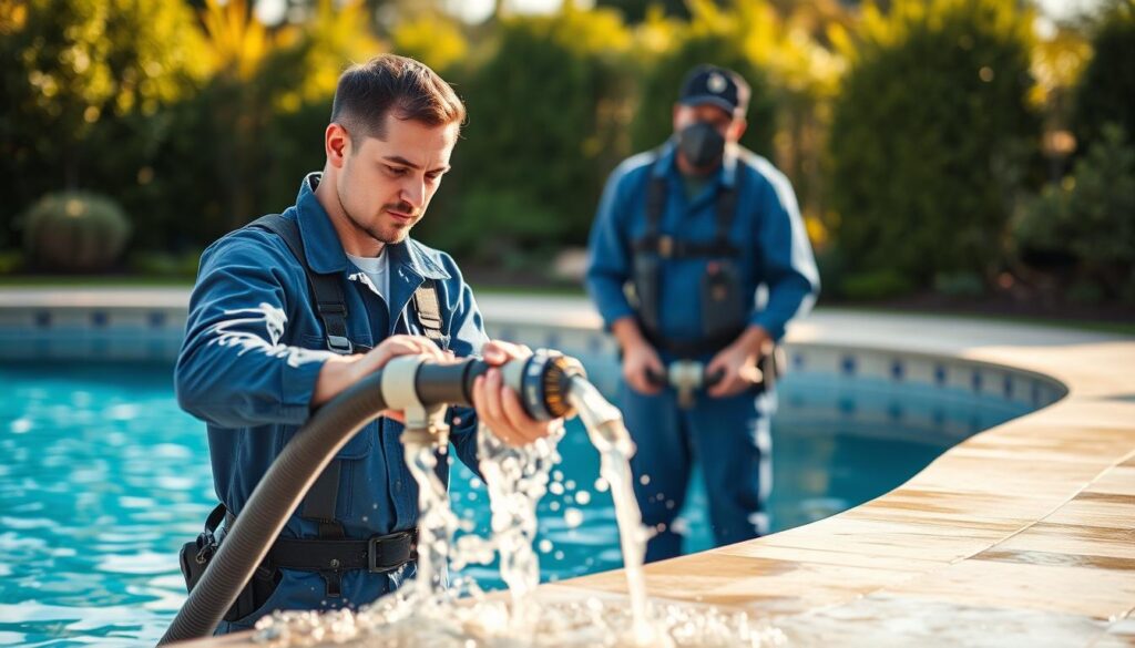 A professional pool service worker diligently performing the backwashing process, with a focused expression. The worker stands beside an in-ground swimming pool, wearing a blue uniform and safety gear. In the foreground, the backwashing hose is connected to the pool's filtration system, water cascading out. The mid-ground features the pool's clean, sparkling water and the worker's careful movements. The background showcases the lush, well-manicured landscaping surrounding the pool, creating a tranquil, serene atmosphere. The lighting is warm and natural, highlighting the worker's dedication to the task at hand. The camera angle is slightly elevated, providing a comprehensive view of the entire backwashing procedure. A professional pool service worker diligently performing the backwashing process, with a focused expression. The worker stands beside an in-ground swimming pool, wearing a blue uniform and safety gear. In the foreground, the backwashing hose is connected to the pool's filtration system, water cascading out. The mid-ground features the pool's clean, sparkling water and the worker's careful movements. The background showcases the lush, well-manicured landscaping surrounding the pool, creating a tranquil, serene atmosphere. The lighting is warm and natural, highlighting the worker's dedication to the task at hand. The camera angle is slightly elevated, providing a comprehensive view of the entire backwashing procedure.