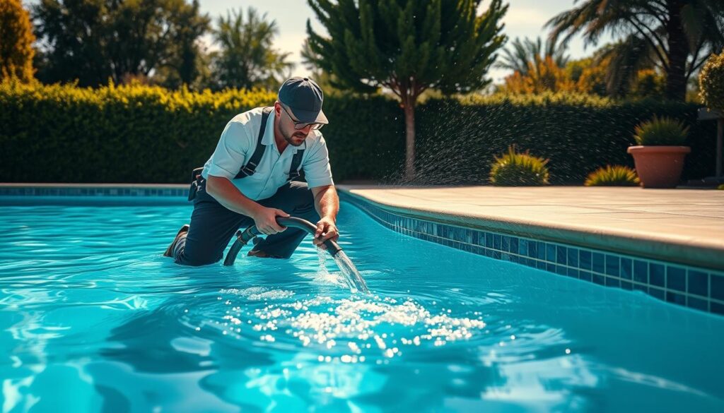 A professional pool technician using a specialized backwash hose to clean a pool's filter system, set against the backdrop of a well-manicured backyard with lush greenery. The technician is shown in a crouched position, intently focused on the task at hand, wearing a crisp uniform and safety gear. The pool's clear, shimmering water and the sun's warm rays create a serene, well-maintained atmosphere. The camera angle captures the process in a detailed, documentary-style perspective, highlighting the expert's technique and the importance of proper pool filter maintenance. A professional pool technician using a specialized backwash hose to clean a pool's filter system, set against the backdrop of a well-manicured backyard with lush greenery. The technician is shown in a crouched position, intently focused on the task at hand, wearing a crisp uniform and safety gear. The pool's clear, shimmering water and the sun's warm rays create a serene, well-maintained atmosphere. The camera angle captures the process in a detailed, documentary-style perspective, highlighting the expert's technique and the importance of proper pool filter maintenance.