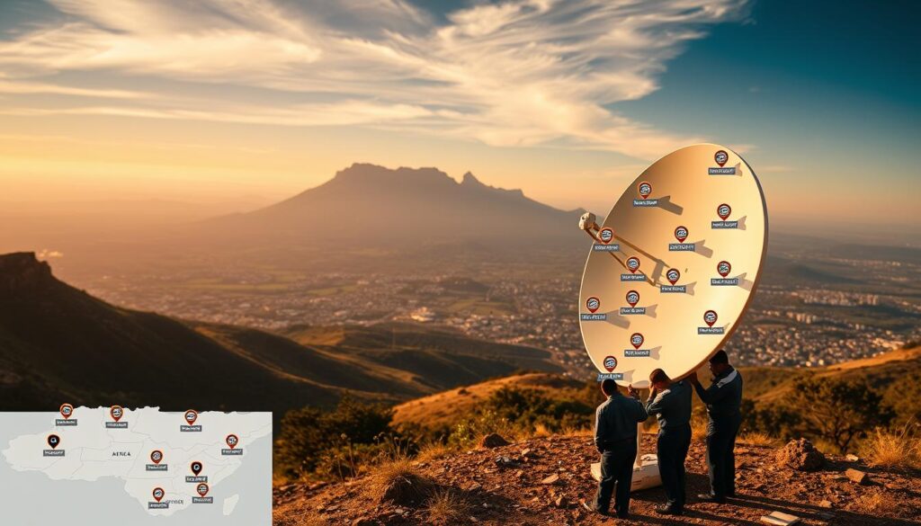A wide, panoramic view of the South African landscape, with the iconic Table Mountain in the background. In the foreground, a detailed map of the country showcases various DStv service centers and repair hubs, represented by strategically placed icons. The middle ground features a group of technicians, clad in uniform, expertly repairing a DStv satellite dish, ensuring comprehensive coverage and efficient service across the nation. The scene is bathed in warm, golden lighting, conveying a sense of reliability and professionalism. The overall composition emphasizes the expansive reach and dedication of the DStv repair network, catering to the diverse needs of South African viewers.