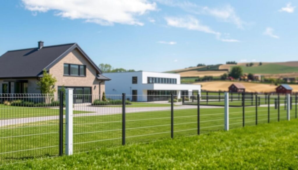 Stafix fence system design for different property types, showcasing a sleek and versatile installation. In the foreground, a modern residential setting with a well-manicured lawn and lush greenery. The Stafix electric fence system seamlessly integrates with the property's architecture, providing a discreet yet effective security solution. The middle ground features a commercial setting, where the Stafix fence system creates a secure perimeter around the building, complementing the contemporary design. In the background, a rural landscape with rolling hills and a farmhouse, the Stafix system blending harmoniously with the natural surroundings. Crisp lighting and a wide-angle lens capture the diverse applications of this comprehensive fencing solution. The overall mood conveys a sense of safety, security, and elegant integration within various property types.