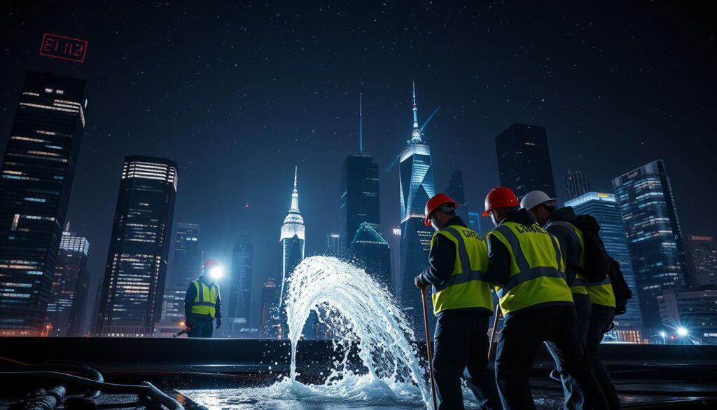A cityscape at night, with the silhouettes of buildings and infrastructure against a starry sky. In the foreground, a team of workers in reflective vests and hard hats are repairing a broken pipe, water gushing out. The workers are using handheld tools and high-powered floodlights to illuminate the scene. In the middle ground, a van with the logo of an emergency waterproofing services company is parked nearby, its lights flashing. The mood is one of urgency and focus, as the workers race to address the crisis and prevent further damage. The image conveys the 24/7 availability and professional expertise of the waterproofing service provider. A cityscape at night, with the silhouettes of buildings and infrastructure against a starry sky. In the foreground, a team of workers in reflective vests and hard hats are repairing a broken pipe, water gushing out. The workers are using handheld tools and high-powered floodlights to illuminate the scene. In the middle ground, a van with the logo of an emergency waterproofing services company is parked nearby, its lights flashing. The mood is one of urgency and focus, as the workers race to address the crisis and prevent further damage. The image conveys the 24/7 availability and professional expertise of the waterproofing service provider.