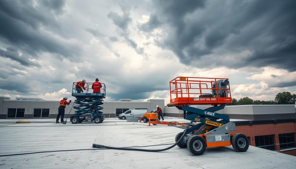 A comprehensive emergency waterproofing solution, showcasing a commercial building with a flat roof. In the foreground, workers are applying a high-performance sealant to seal cracks and joints, ensuring a watertight barrier. In the middle ground, a hydraulic lift provides access to the roof, while specialized equipment stands ready to tackle any waterproofing challenges. In the background, a cloudy sky with dramatic lighting creates a sense of urgency and the need for immediate action. The scene is captured with a wide-angle lens, emphasizing the scale and scope of the waterproofing project, conveying a professional, reliable, and efficient service. A comprehensive emergency waterproofing solution, showcasing a commercial building with a flat roof. In the foreground, workers are applying a high-performance sealant to seal cracks and joints, ensuring a watertight barrier. In the middle ground, a hydraulic lift provides access to the roof, while specialized equipment stands ready to tackle any waterproofing challenges. In the background, a cloudy sky with dramatic lighting creates a sense of urgency and the need for immediate action. The scene is captured with a wide-angle lens, emphasizing the scale and scope of the waterproofing project, conveying a professional, reliable, and efficient service.