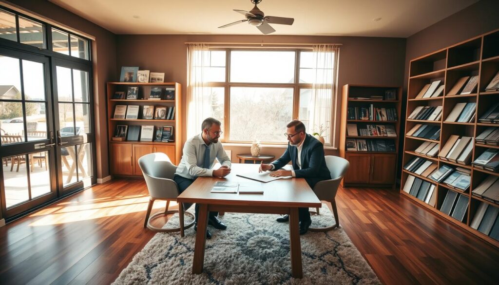 A cozy and professional consultation room with two men sitting at a wooden table, discussing flooring options. Warm lighting filters through large windows, casting a gentle glow on the hardwood floors and plush area rug. The men are dressed in business attire, leaning in and examining samples of various flooring materials. Shelves along the walls display catalogs and color swatches, conveying the expertise and experience of this trusted flooring company. The atmosphere is one of collaboration and transparency, setting the stage for a productive and satisfying flooring installation process.