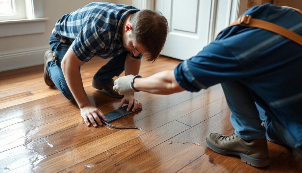 A highly detailed, photorealistic image of a water-damaged hardwood floor with repair prices displayed across different regions. The scene shows a partially repaired hardwood floor with visible water stains, cracks, and warping. The floor is illuminated by warm, directional lighting, casting natural shadows. In the foreground, a price chart is prominently displayed, showing repair costs for various regions such as Johannesburg, Pretoria, and the rest of Gauteng province in South Africa. The chart provides a clear, legible breakdown of the pricing information. The background features a blurred, out-of-focus environment, allowing the floor and price chart to be the central focus. The overall mood is one of informative realism, conveying the practical and utilitarian nature of the subject matter. A highly detailed, photorealistic image of a water-damaged hardwood floor with repair prices displayed across different regions. The scene shows a partially repaired hardwood floor with visible water stains, cracks, and warping. The floor is illuminated by warm, directional lighting, casting natural shadows. In the foreground, a price chart is prominently displayed, showing repair costs for various regions such as Johannesburg, Pretoria, and the rest of Gauteng province in South Africa. The chart provides a clear, legible breakdown of the pricing information. The background features a blurred, out-of-focus environment, allowing the floor and price chart to be the central focus. The overall mood is one of informative realism, conveying the practical and utilitarian nature of the subject matter.