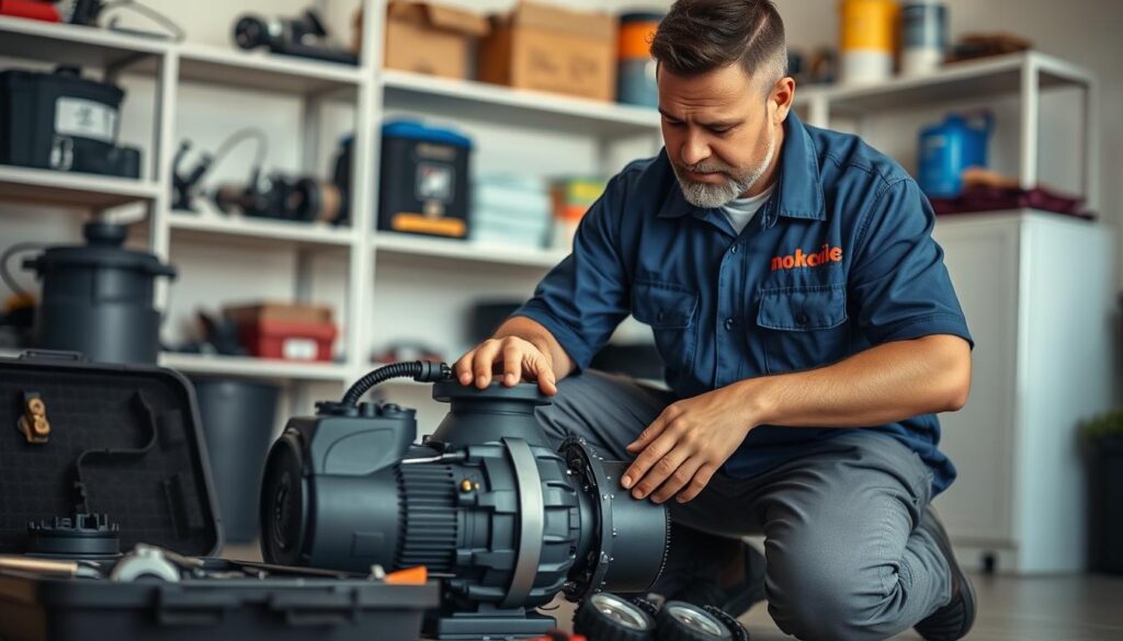A mobile service technician carefully inspecting and repairing a pool pump in a well-lit, tidy workshop. The technician, wearing a uniform with the company logo, is kneeling next to the open pump, a toolkit and spare parts nearby. The background features shelves stocked with related equipment and supplies, creating a sense of a professional, well-equipped service operation. Soft, warm lighting highlights the technician's focused expression, conveying expertise and attention to detail. The overall scene evokes a reliable, trustworthy pool pump repair service ready to address the needs of residential and commercial properties across South Africa. A mobile service technician carefully inspecting and repairing a pool pump in a well-lit, tidy workshop. The technician, wearing a uniform with the company logo, is kneeling next to the open pump, a toolkit and spare parts nearby. The background features shelves stocked with related equipment and supplies, creating a sense of a professional, well-equipped service operation. Soft, warm lighting highlights the technician's focused expression, conveying expertise and attention to detail. The overall scene evokes a reliable, trustworthy pool pump repair service ready to address the needs of residential and commercial properties across South Africa.