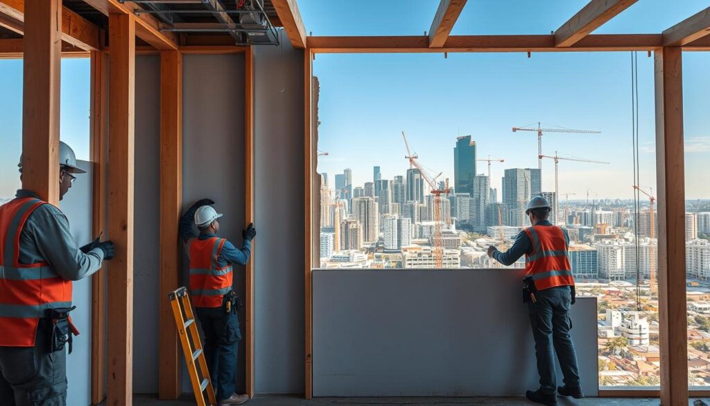 A professional construction site in Johannesburg, South Africa. In the foreground, skilled drywall installers methodically secure Rhinoboard panels to the framework, their tools and materials neatly organized. The midground features a partially completed wall, the smooth gypsum surface ready for finishing touches. In the background, the bustling urban cityscape of Johannesburg rises, skyscrapers and cranes signifying ongoing development. Warm natural lighting filters in, casting a productive atmosphere. The scene conveys the expertise and comprehensive coverage of drywall installation services across Johannesburg, Pretoria, and the greater Gauteng region.