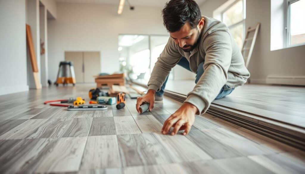 A professional flooring installation process, showcasing the intricate steps involved in transforming a space. In the foreground, a skilled worker carefully aligns and secures high-quality flooring tiles, using precision tools and techniques. In the middle ground, a well-lit, organized workspace with an array of necessary materials, including adhesives, trim, and safety gear. The background depicts a clean, spacious room, with natural light filtering through large windows, creating a warm and inviting atmosphere. The scene conveys the expertise, attention to detail, and meticulous care required for an affordable, yet professional flooring installation in South Africa.