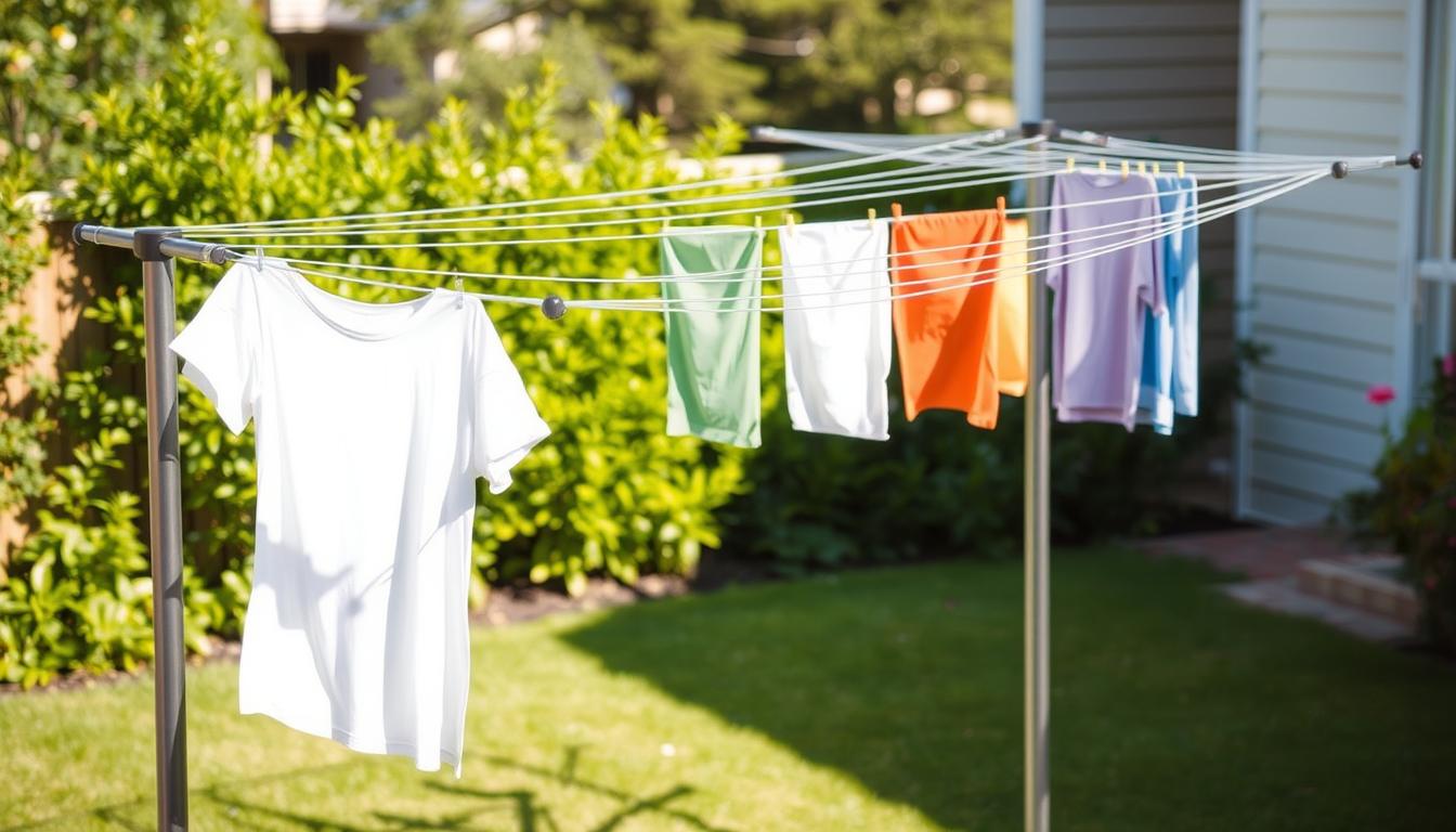 A-rotary-washing-line-in-a-well-lit-home-garden-with-lush-greenery-and ...