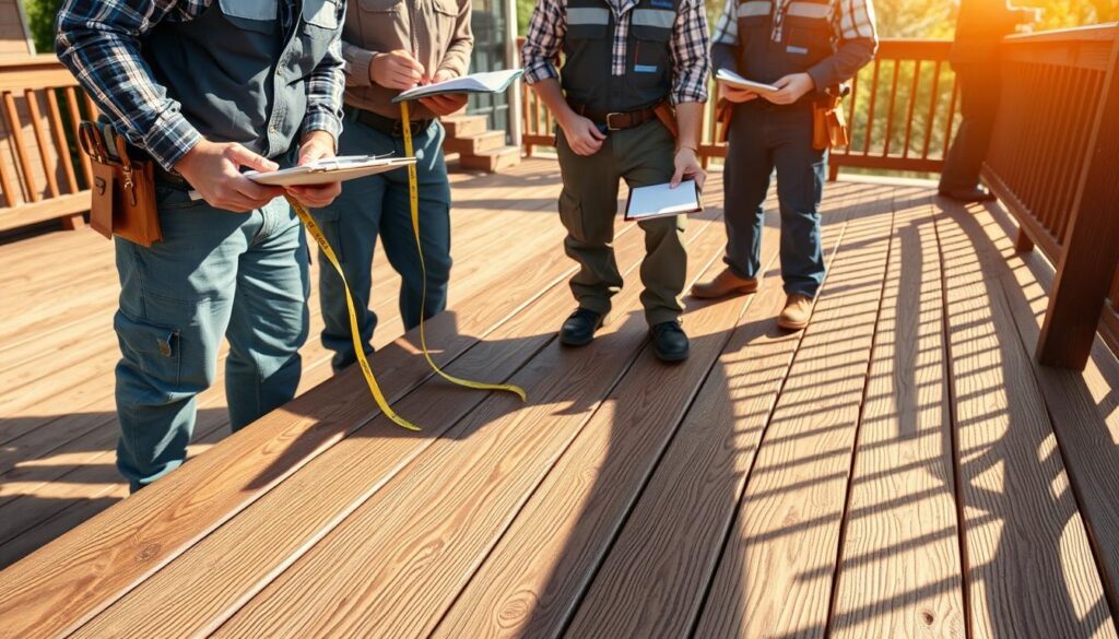 A team of professional deck repair specialists meticulously examining a wooden deck, assessing its condition and noting down their findings. The scene is set in a well-lit outdoor environment, with natural sunlight casting warm shadows across the surface. The specialists wear work uniforms and are equipped with clipboards, tape measures, and other essential tools, conveying a sense of expertise and attention to detail. The deck itself is in the foreground, showcasing its intricate patterns and textures, while the background is slightly blurred, keeping the focus on the assessment process. The overall mood is one of diligent evaluation, with the specialists deeply engaged in their task of providing an accurate and comprehensive estimate for the necessary deck repairs.