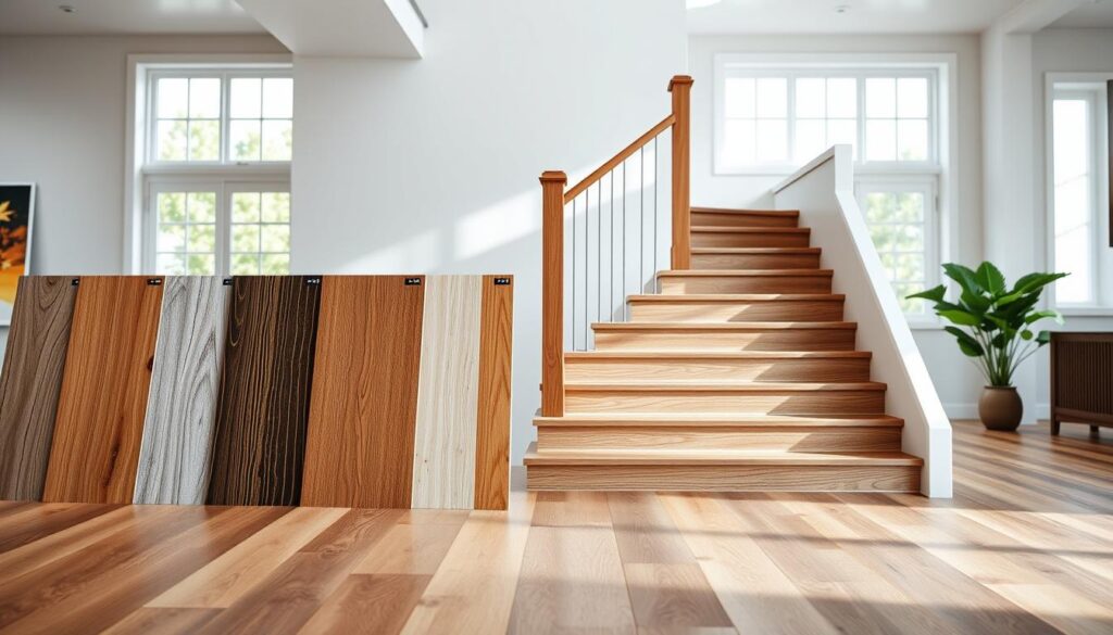 A well-lit, detailed interior scene showcasing a variety of affordable staircase flooring options. In the foreground, various samples of laminate, vinyl, and engineered wood flooring are neatly arranged, highlighting their textures and colors. In the middle ground, a modern staircase with clean lines and a wooden handrail stands prominently, allowing the viewer to visualize the different flooring materials in situ. The background features a minimalist, airy space with large windows, letting natural light flood the scene and accentuate the flooring options. The overall atmosphere conveys a sense of practicality, quality, and style, suitable for a residential or commercial setting. A well-lit, detailed interior scene showcasing a variety of affordable staircase flooring options. In the foreground, various samples of laminate, vinyl, and engineered wood flooring are neatly arranged, highlighting their textures and colors. In the middle ground, a modern staircase with clean lines and a wooden handrail stands prominently, allowing the viewer to visualize the different flooring materials in situ. The background features a minimalist, airy space with large windows, letting natural light flood the scene and accentuate the flooring options. The overall atmosphere conveys a sense of practicality, quality, and style, suitable for a residential or commercial setting.