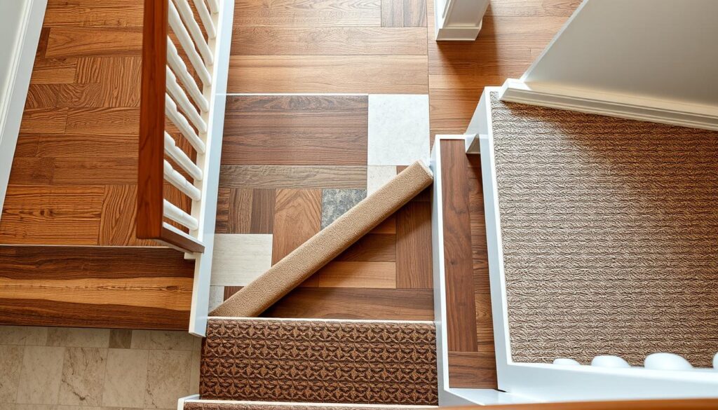 A well-lit, high-angle photograph of a residential staircase showcasing various types of flooring materials and installation methods. Capture the intricate textures and patterns of hardwood, tile, laminate, and carpeted treads, as well as the labor-intensive process of cutting, fitting, and securing the materials. Emphasize the importance of proper subfloor preparation, adhesives, and finishing touches that contribute to the overall cost of the project. The image should convey a sense of craftsmanship and attention to detail required for a professional staircase flooring installation. A well-lit, high-angle photograph of a residential staircase showcasing various types of flooring materials and installation methods. Capture the intricate textures and patterns of hardwood, tile, laminate, and carpeted treads, as well as the labor-intensive process of cutting, fitting, and securing the materials. Emphasize the importance of proper subfloor preparation, adhesives, and finishing touches that contribute to the overall cost of the project. The image should convey a sense of craftsmanship and attention to detail required for a professional staircase flooring installation.