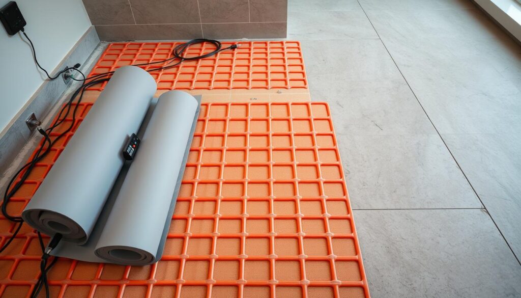 A well-lit, high-angle view of a modern, energy-efficient electric underfloor heating system installation. The foreground shows the heating mat being carefully unrolled and secured onto the subfloor, with the intricate wiring and thermostat controls in clear detail. The middle ground depicts the subfloor prepared with insulation and moisture barrier, ensuring optimal heat retention. In the background, a sleek, tiled floor surface represents the final, seamless integration of the heating system. The scene conveys a sense of precision, functionality, and the benefits of professional installation for a comfortable, cost-effective heating solution. A well-lit, high-angle view of a modern, energy-efficient electric underfloor heating system installation. The foreground shows the heating mat being carefully unrolled and secured onto the subfloor, with the intricate wiring and thermostat controls in clear detail. The middle ground depicts the subfloor prepared with insulation and moisture barrier, ensuring optimal heat retention. In the background, a sleek, tiled floor surface represents the final, seamless integration of the heating system. The scene conveys a sense of precision, functionality, and the benefits of professional installation for a comfortable, cost-effective heating solution.
