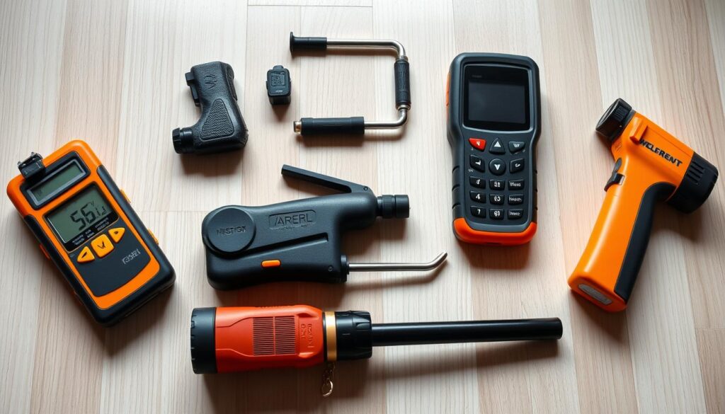 A well-lit, high-resolution close-up photograph of a collection of professional hardwood floor water damage assessment tools laid out on a clean, neutral background. The tools include a moisture meter, borescope, infrared thermometer, and other specialized equipment for detecting and evaluating water damage in hardwood floors. The lighting is bright yet diffused, casting subtle shadows that accentuate the textures and details of the tools. The composition is balanced and organized, with the tools arranged in a visually appealing manner to showcase their function and importance in the hardwood floor repair process. A well-lit, high-resolution close-up photograph of a collection of professional hardwood floor water damage assessment tools laid out on a clean, neutral background. The tools include a moisture meter, borescope, infrared thermometer, and other specialized equipment for detecting and evaluating water damage in hardwood floors. The lighting is bright yet diffused, casting subtle shadows that accentuate the textures and details of the tools. The composition is balanced and organized, with the tools arranged in a visually appealing manner to showcase their function and importance in the hardwood floor repair process.