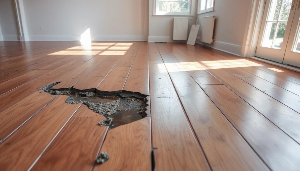 A well-lit, high-resolution photograph of a hardwood floor with visible water damage, showing curled and discolored planks, mold growth, and warping. The scene is set in a clean, minimalist interior with natural lighting filtering in from large windows. The camera angle is slightly elevated, capturing the full extent of the damage and allowing for a detailed assessment. The overall mood is one of concern and the need for professional inspection, with a sense of the significant cost implications for the homeowner. A well-lit, high-resolution photograph of a hardwood floor with visible water damage, showing curled and discolored planks, mold growth, and warping. The scene is set in a clean, minimalist interior with natural lighting filtering in from large windows. The camera angle is slightly elevated, capturing the full extent of the damage and allowing for a detailed assessment. The overall mood is one of concern and the need for professional inspection, with a sense of the significant cost implications for the homeowner.