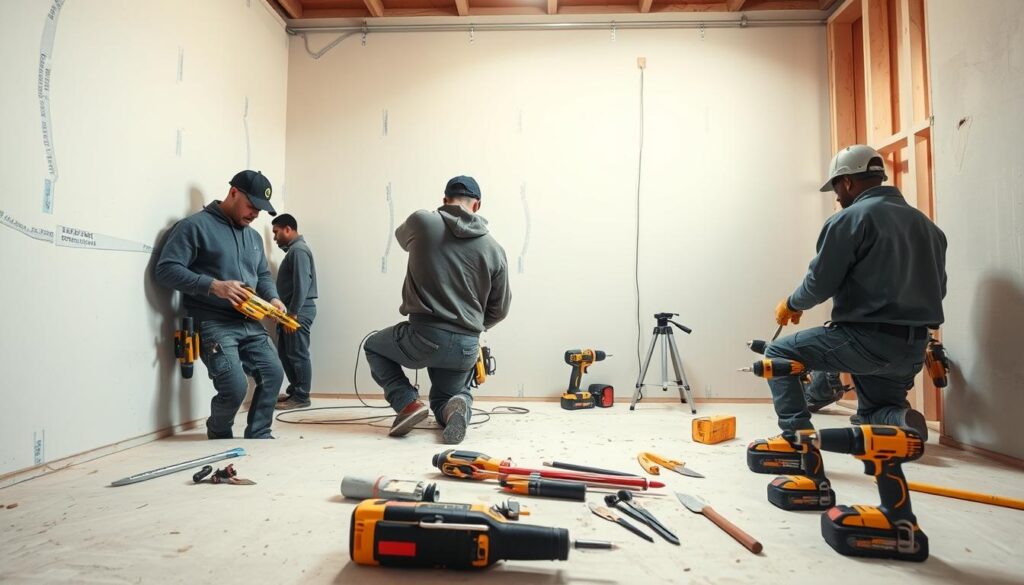 A well-lit, high-resolution photograph of a professional drywall installation process. The camera is positioned at eye-level, capturing the technicians in the foreground as they expertly measure, cut, and secure the drywall panels to the wall frame. The middle ground showcases the various tools and materials used, such as utility knives, joint compound, and power drills. The background reveals a neatly organized workspace, with a clean and organized layout that reflects the precision and care taken during the installation. The lighting is soft and natural, creating a warm and inviting atmosphere that emphasizes the skill and craftsmanship of the drywall professionals. The overall scene conveys the transformative power of the drywall installation process in elevating the quality and aesthetics of South African homes. A well-lit, high-resolution photograph of a professional drywall installation process. The camera is positioned at eye-level, capturing the technicians in the foreground as they expertly measure, cut, and secure the drywall panels to the wall frame. The middle ground showcases the various tools and materials used, such as utility knives, joint compound, and power drills. The background reveals a neatly organized workspace, with a clean and organized layout that reflects the precision and care taken during the installation. The lighting is soft and natural, creating a warm and inviting atmosphere that emphasizes the skill and craftsmanship of the drywall professionals. The overall scene conveys the transformative power of the drywall installation process in elevating the quality and aesthetics of South African homes.