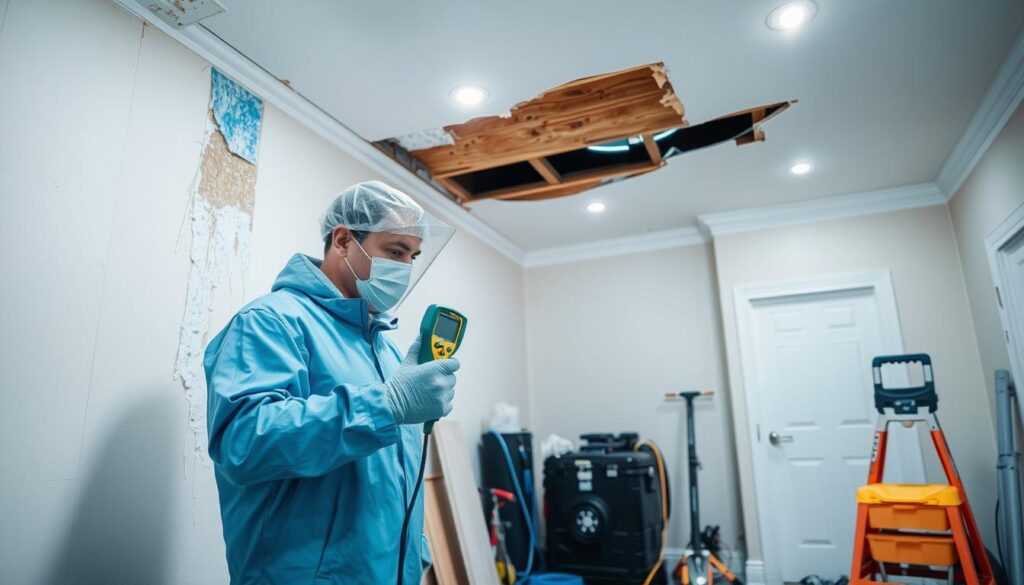 A well-lit interior scene depicting the water damage restoration process with a focus on moisture detection. In the foreground, a technician in protective gear uses a specialized moisture meter to assess the extent of water damage in a drywall panel. The middle ground shows various tools and equipment used for water extraction, drying, and dehumidification. In the background, a partially damaged ceiling reveals the structural impact of the water intrusion. The lighting is bright and even, highlighting the technical nature of the restoration work. The overall atmosphere conveys a sense of professionalism and attention to detail in addressing the water damage. A well-lit interior scene depicting the water damage restoration process with a focus on moisture detection. In the foreground, a technician in protective gear uses a specialized moisture meter to assess the extent of water damage in a drywall panel. The middle ground shows various tools and equipment used for water extraction, drying, and dehumidification. In the background, a partially damaged ceiling reveals the structural impact of the water intrusion. The lighting is bright and even, highlighting the technical nature of the restoration work. The overall atmosphere conveys a sense of professionalism and attention to detail in addressing the water damage.