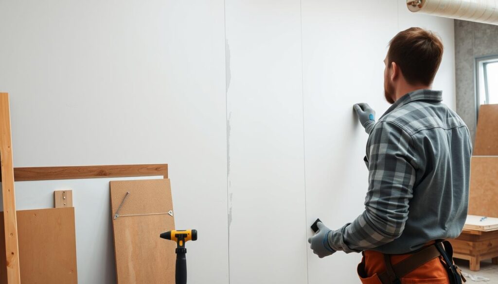 A well-lit professional workshop interior, featuring an expertly installed drywall panel with a smooth, seamless finish. In the foreground, a skilled tradesman demonstrates the precise techniques of drywall taping and mudding, showcasing the advantages of a clean, high-quality installation. The middle ground depicts a selection of drywall tools and materials, conveying the importance of using the right equipment for a professional result. In the background, glimpses of additional drywall projects hint at the level of expertise required for consistent, reliable drywall services. The overall atmosphere exudes a sense of craftsmanship, efficiency, and the pride of a job well done.