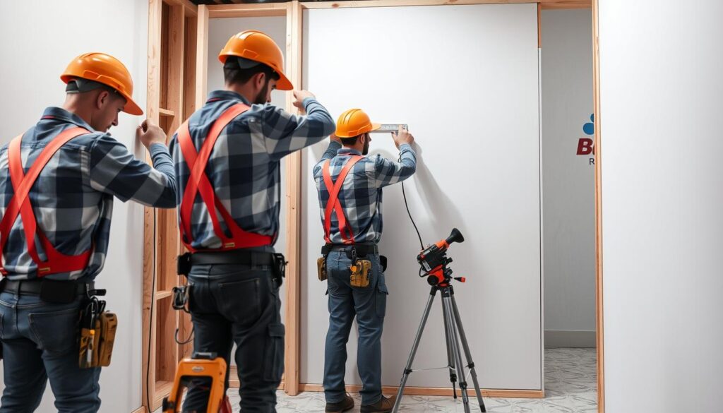 A well-lit, professionally-captured photograph showcasing expert gypsum board installation services. In the foreground, skilled tradesmen carefully measure, cut, and securely fasten the smooth, pristine gypsum boards to the wall frame, ensuring a seamless, high-quality finish. The middle ground features an array of specialized tools and equipment, conveying the technical expertise required for this task. The background depicts a clean, organized work site, with the Rhinoboard logo prominently displayed, reinforcing the brand's reputation for excellence in drywall installation. The overall scene exudes a sense of professionalism, attention to detail, and pride in craftsmanship.
