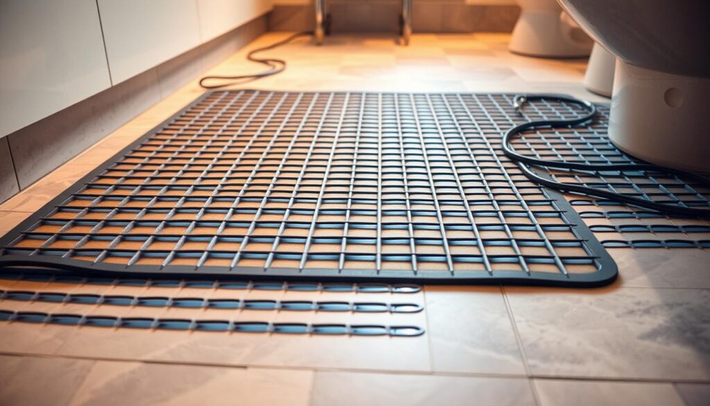 Detailed close-up view of a modern bathroom floor with an electric underfloor heating mat being professionally installed. The mat is laid out evenly across the tiled surface, with cabling neatly tucked away. The lighting is soft and warm, creating a cozy, comfortable atmosphere. The camera angle showcases the intricate installation process, highlighting the specialized skills required. The overall scene conveys a sense of expertise and attention to detail in providing high-quality underfloor heating solutions for residential and commercial spaces. Detailed close-up view of a modern bathroom floor with an electric underfloor heating mat being professionally installed. The mat is laid out evenly across the tiled surface, with cabling neatly tucked away. The lighting is soft and warm, creating a cozy, comfortable atmosphere. The camera angle showcases the intricate installation process, highlighting the specialized skills required. The overall scene conveys a sense of expertise and attention to detail in providing high-quality underfloor heating solutions for residential and commercial spaces.
