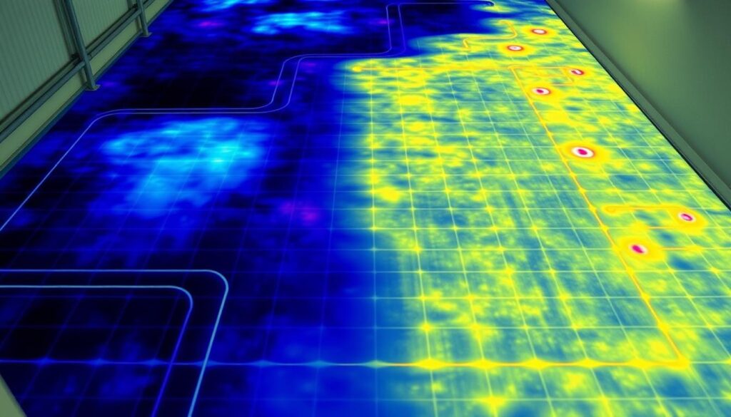 Diagnostic scan of an underfloor heating system, revealing cold spots. A detailed infrared thermal image shows the floor surface temperature variations, with colder areas highlighted in blue and purple hues. The layout of the pipes and heating elements is visible, allowing identification of the problem zones. The perspective is from an overhead angle, providing a comprehensive view of the entire floor. Soft, even lighting illuminates the scene, creating a technical, analytical atmosphere suitable for troubleshooting the heating system. Diagnostic scan of an underfloor heating system, revealing cold spots. A detailed infrared thermal image shows the floor surface temperature variations, with colder areas highlighted in blue and purple hues. The layout of the pipes and heating elements is visible, allowing identification of the problem zones. The perspective is from an overhead angle, providing a comprehensive view of the entire floor. Soft, even lighting illuminates the scene, creating a technical, analytical atmosphere suitable for troubleshooting the heating system.