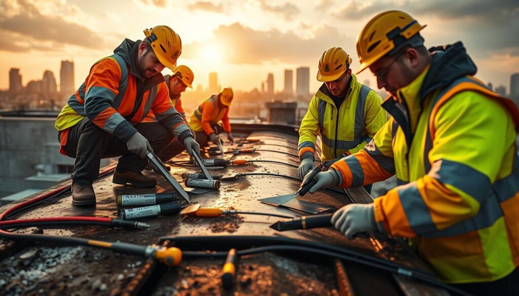 Emergency waterproofing professionals in high-visibility uniforms, using advanced tools and equipment to inspect and repair a damaged roof. Wide shot from a low angle, capturing the workers' focused expressions and the complex array of sealants, trowels, and waterproofing membranes spread out around them. Warm, diffused lighting illuminates the scene, casting long shadows and creating a sense of urgency and professionalism. The background features a partially obscured urban skyline, hinting at the larger context of the emergency waterproofing service. Emergency waterproofing professionals in high-visibility uniforms, using advanced tools and equipment to inspect and repair a damaged roof. Wide shot from a low angle, capturing the workers' focused expressions and the complex array of sealants, trowels, and waterproofing membranes spread out around them. Warm, diffused lighting illuminates the scene, casting long shadows and creating a sense of urgency and professionalism. The background features a partially obscured urban skyline, hinting at the larger context of the emergency waterproofing service.