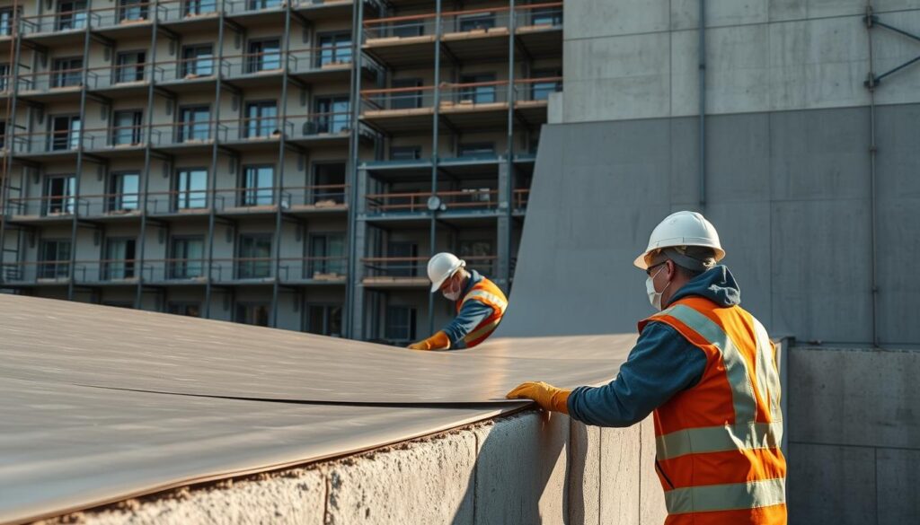 Experienced masonry waterproofers applying waterproof membrane to an exterior concrete wall, in a well-lit construction site. The workers, wearing protective gear, meticulously spread the thick, rubberized membrane across the surface, ensuring a seamless, watertight barrier. The scene is captured from a low angle, highlighting the skilled craftsmanship and attention to detail. Warm, natural lighting illuminates the scene, casting soft shadows and emphasizing the textured surface of the concrete. The background features the scaffold-clad facade of a multi-story building, conveying the scope and scale of the project. The overall mood is one of professionalism, efficiency, and the importance of proper waterproofing for building exteriors. Experienced masonry waterproofers applying waterproof membrane to an exterior concrete wall, in a well-lit construction site. The workers, wearing protective gear, meticulously spread the thick, rubberized membrane across the surface, ensuring a seamless, watertight barrier. The scene is captured from a low angle, highlighting the skilled craftsmanship and attention to detail. Warm, natural lighting illuminates the scene, casting soft shadows and emphasizing the textured surface of the concrete. The background features the scaffold-clad facade of a multi-story building, conveying the scope and scale of the project. The overall mood is one of professionalism, efficiency, and the importance of proper waterproofing for building exteriors.