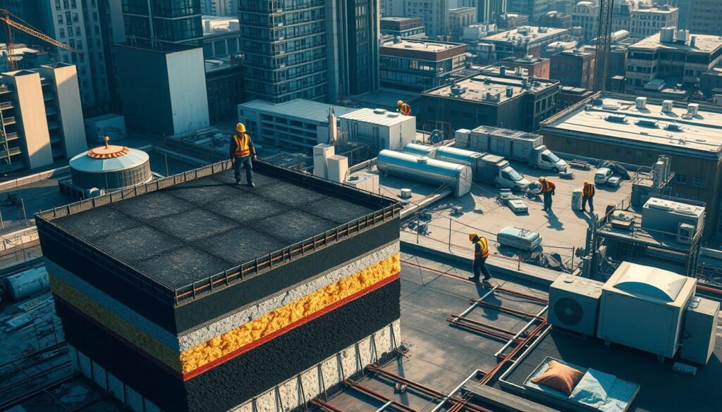 A complex urban rooftop scene, showcasing the various factors affecting waterproofing budgets. In the foreground, a detailed cross-section reveals the intricate layers of materials - bitumen, rubber membranes, insulation, and drainage systems. In the middle ground, workers navigate the uneven surfaces, highlighting the challenges of accessibility and site preparation. The background depicts the diverse rooftop landscape, with skylights, HVAC units, and other architectural features that demand tailored waterproofing solutions. Dramatic lighting casts long shadows, emphasizing the depth and technicality of the installation process. The overall mood conveys the multifaceted nature of rooftop waterproofing, where budget considerations must balance functionality, durability, and aesthetic integration.