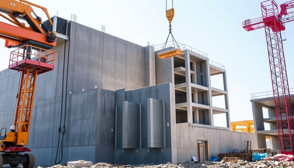 A construction site with a focus on a precast concrete wall installation. The foreground shows the process of lifting and positioning the precast wall panels using a crane, with workers carefully guiding the placement. The middle ground captures the partially installed wall, showcasing the precision and interlocking design of the precast components. In the background, a partially completed building structure provides context, hinting at the integration of the precast walls into the larger construction project. The lighting is bright and natural, highlighting the textured surfaces of the concrete and the dynamic movements of the installation. The overall scene conveys the technical expertise and careful coordination required for efficient precast wall installation. A construction site with a focus on a precast concrete wall installation. The foreground shows the process of lifting and positioning the precast wall panels using a crane, with workers carefully guiding the placement. The middle ground captures the partially installed wall, showcasing the precision and interlocking design of the precast components. In the background, a partially completed building structure provides context, hinting at the integration of the precast walls into the larger construction project. The lighting is bright and natural, highlighting the textured surfaces of the concrete and the dynamic movements of the installation. The overall scene conveys the technical expertise and careful coordination required for efficient precast wall installation.
