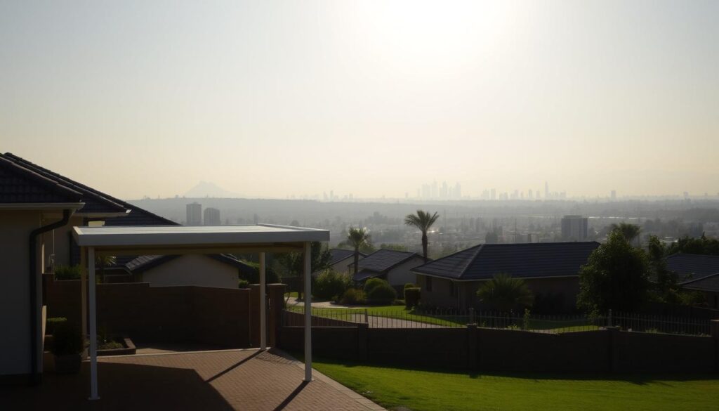 A peaceful residential neighborhood in Gauteng, with a focus on a single carport in the foreground. The carport is a modern, minimalist design, with clean lines and a neutral color palette that blends seamlessly with the surrounding architecture. The middle ground features well-manicured lawns, lush greenery, and a few modest, well-maintained homes, conveying a sense of affordability and accessibility. In the background, the cityscape of Johannesburg or Pretoria rises, with a hazy, golden-hour sky casting a warm, inviting glow over the entire scene. The lighting is soft and diffused, creating a serene, welcoming atmosphere that showcases the practical and cost-effective options for single carports available across Gauteng.