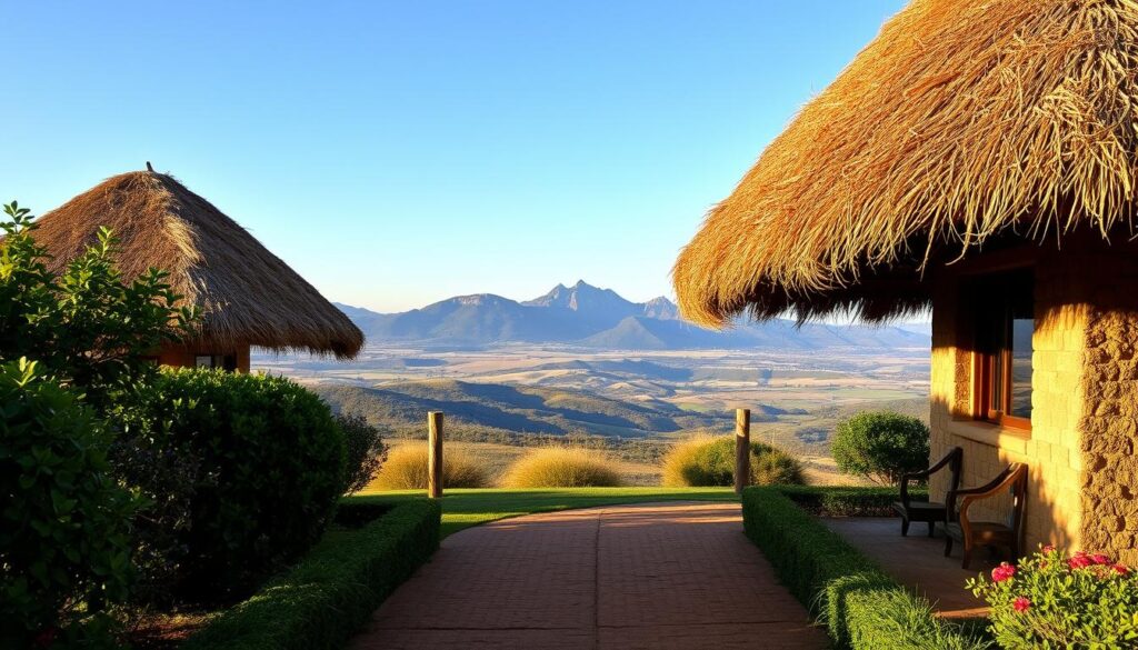 A picturesque scene of a traditional African thatched roof structure situated in a lush, verdant landscape. The roof is meticulously crafted from golden wheat straw, casting warm, natural tones across the image. In the foreground, a well-maintained pathway leads towards the entrance, surrounded by neatly trimmed shrubs and vibrant flowers. The middle ground features a panoramic view of the rolling hills and distant mountains, bathed in soft, diffused lighting. In the background, a clear, azure sky completes the serene, tranquil atmosphere, conveying a sense of rural peace and harmony. The overall composition showcases the service coverage and expertise in thatched roofing solutions across the Johannesburg, Pretoria, and Gauteng regions of South Africa. A picturesque scene of a traditional African thatched roof structure situated in a lush, verdant landscape. The roof is meticulously crafted from golden wheat straw, casting warm, natural tones across the image. In the foreground, a well-maintained pathway leads towards the entrance, surrounded by neatly trimmed shrubs and vibrant flowers. The middle ground features a panoramic view of the rolling hills and distant mountains, bathed in soft, diffused lighting. In the background, a clear, azure sky completes the serene, tranquil atmosphere, conveying a sense of rural peace and harmony. The overall composition showcases the service coverage and expertise in thatched roofing solutions across the Johannesburg, Pretoria, and Gauteng regions of South Africa.