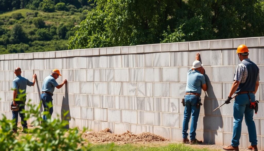 A team of precast walling specialists providing quality installation services in Gauteng. The image depicts a well-designed, sturdy concrete boundary wall being installed by a group of skilled technicians. The foreground shows the workers meticulously aligning the precast panels, while the middle ground showcases the partially completed wall structure. The background features a lush, verdant landscape, creating a pleasant and professional atmosphere. The lighting is natural, with warm tones highlighting the texture and durability of the precast material. The overall composition conveys a sense of expertise, craftsmanship, and attention to detail, reflecting the high-quality workmanship of Handyman Johannesburg. A team of precast walling specialists providing quality installation services in Gauteng. The image depicts a well-designed, sturdy concrete boundary wall being installed by a group of skilled technicians. The foreground shows the workers meticulously aligning the precast panels, while the middle ground showcases the partially completed wall structure. The background features a lush, verdant landscape, creating a pleasant and professional atmosphere. The lighting is natural, with warm tones highlighting the texture and durability of the precast material. The overall composition conveys a sense of expertise, craftsmanship, and attention to detail, reflecting the high-quality workmanship of Handyman Johannesburg.