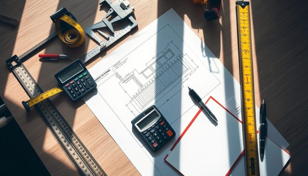 A well-lit, high-angle view of a work desk featuring various measuring tools including a tape measure, ruler, and caliper. On the desk, a blueprint or architectural plan for a concrete fence is visible, along with a calculator, notepad, and pen. The tools and materials are arranged neatly, conveying a sense of precision and professionalism. The lighting is bright and natural, casting soft shadows that add depth and dimension to the scene. The overall mood is one of focused, methodical problem-solving, suitable for illustrating a concrete fence cost calculator. A well-lit, high-angle view of a work desk featuring various measuring tools including a tape measure, ruler, and caliper. On the desk, a blueprint or architectural plan for a concrete fence is visible, along with a calculator, notepad, and pen. The tools and materials are arranged neatly, conveying a sense of precision and professionalism. The lighting is bright and natural, casting soft shadows that add depth and dimension to the scene. The overall mood is one of focused, methodical problem-solving, suitable for illustrating a concrete fence cost calculator.