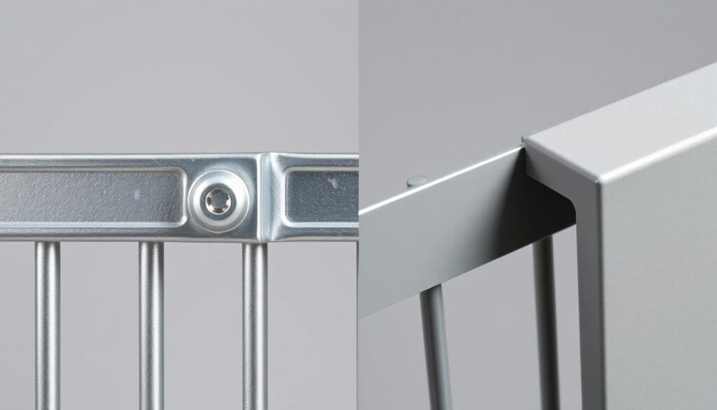 High-quality detailed image of galvanized palisade fencing suppliers in Johannesburg, South Africa, presented in a side-by-side comparison with powder-coated palisade fencing. Crisp, well-lit close-up views of the metalwork, fasteners, and profiles of the two fencing types. Neutral grey background allows the fencing textures and finishes to be the focal point. Lighting angled to showcase the reflective sheen of the galvanized surface and the matte finish of the powder coating. Realistic, true-to-life representation of the materials, without any overlaid text or distractions.