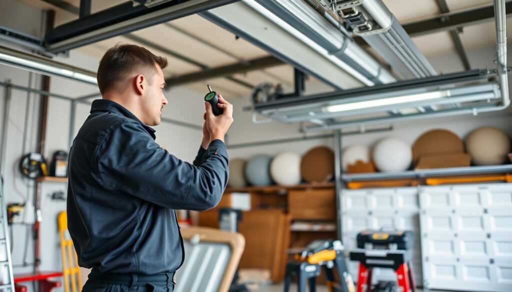 A professional single garage door installation service in a well-lit, spacious workshop. In the foreground, a skilled technician in a uniform meticulously adjusts the mechanisms of a newly installed garage door, ensuring smooth operation. In the middle ground, various tools and equipment are neatly organized, reflecting the attention to detail and expertise of the team. The background showcases a selection of different garage door models, hinting at the wide range of options available to customers. The overall atmosphere conveys a sense of competence, efficiency, and a commitment to providing a high-quality service.