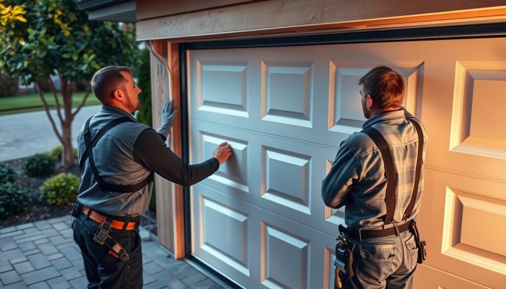 A well-lit, detailed scene of two skilled single garage door installation contractors working on the installation of a white panel garage door in a suburban setting. The contractors, dressed in work uniforms, are carefully measuring, aligning, and securing the door frame and hardware. The background features a neatly landscaped yard with a paved driveway. Soft, warm lighting casts gentle shadows, highlighting the contractors' focused expressions and the precision of their work. The overall atmosphere conveys a sense of professionalism and competence in executing a residential single garage door installation project.