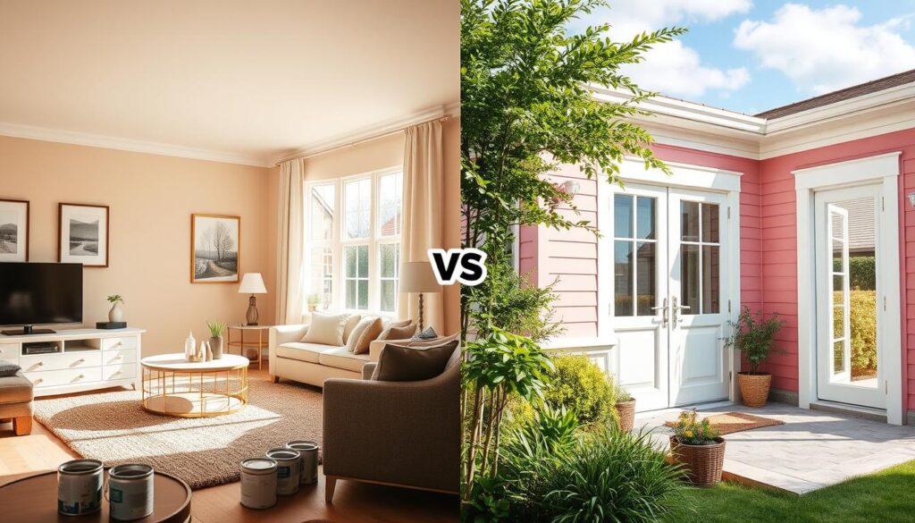 A split image showcasing "interior vs exterior" painting costs for holiday homes. On the left, a cozy living room with fresh, vibrant paint colors, highlighting elegantly painted walls, modern furniture, and soft afternoon sunlight streaming through large windows. On the right, a charming exterior view of a holiday home, displaying freshly painted walls with inviting colors, surrounded by lush greenery and a clear blue sky. The foreground includes subtle details like paint cans and brushes, while the middle provides a seamless transition between the interior and exterior, emphasizing the contrast. Use natural lighting to create a welcoming atmosphere, captured from a slight angle to give depth and perspective to each side. A split image showcasing "interior vs exterior" painting costs for holiday homes. On the left, a cozy living room with fresh, vibrant paint colors, highlighting elegantly painted walls, modern furniture, and soft afternoon sunlight streaming through large windows. On the right, a charming exterior view of a holiday home, displaying freshly painted walls with inviting colors, surrounded by lush greenery and a clear blue sky. The foreground includes subtle details like paint cans and brushes, while the middle provides a seamless transition between the interior and exterior, emphasizing the contrast. Use natural lighting to create a welcoming atmosphere, captured from a slight angle to give depth and perspective to each side.