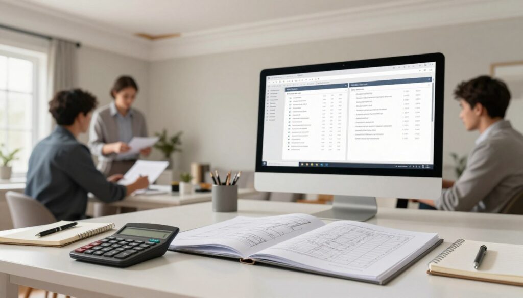 A clean, professional workspace showcasing a detailed, neatly arranged desk with a large, open folder displaying a ceiling cornice design template and calculation sheets. In the foreground, a calculator, a notepad, and a pen are prominently positioned, emphasizing the task of estimating installation costs. In the middle layer, a computer screen illustrates a side-by-side comparison of installation quotes from various suppliers, each quote clearly visible without text distractions. The background features a well-lit room with subtle home décor elements, including a partially installed cornice along the ceiling, creating an inviting yet professional atmosphere. Soft, natural lighting filters through a nearby window, enhancing the mood of careful planning and consideration for home improvement. A clean, professional workspace showcasing a detailed, neatly arranged desk with a large, open folder displaying a ceiling cornice design template and calculation sheets. In the foreground, a calculator, a notepad, and a pen are prominently positioned, emphasizing the task of estimating installation costs. In the middle layer, a computer screen illustrates a side-by-side comparison of installation quotes from various suppliers, each quote clearly visible without text distractions. The background features a well-lit room with subtle home décor elements, including a partially installed cornice along the ceiling, creating an inviting yet professional atmosphere. Soft, natural lighting filters through a nearby window, enhancing the mood of careful planning and consideration for home improvement.