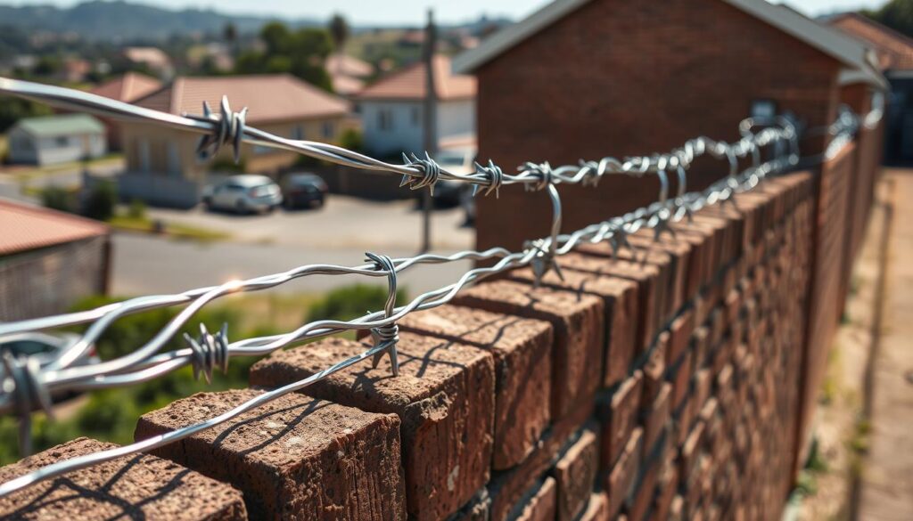 A close-up view of a boundary wall topped with intimidating razor wire, showcasing the sharp, twisted steel spirals glinting in the sunlight. In the foreground, focus on the finely detailed elements of the razor wire, emphasizing its sharpness and the way the light reflects off the metal. The middle ground captures the sturdy brick wall, weathered yet robust, providing a sense of security. In the background, a somewhat blurred image of a suburban Johannesburg landscape can be seen, with hints of residential homes and greenery to contextualize the setting. The scene is bright and vivid, illuminated by natural light, evoking a sense of vigilance and protection. The angle should be slightly elevated, adding depth to the composition. A close-up view of a boundary wall topped with intimidating razor wire, showcasing the sharp, twisted steel spirals glinting in the sunlight. In the foreground, focus on the finely detailed elements of the razor wire, emphasizing its sharpness and the way the light reflects off the metal. The middle ground captures the sturdy brick wall, weathered yet robust, providing a sense of security. In the background, a somewhat blurred image of a suburban Johannesburg landscape can be seen, with hints of residential homes and greenery to contextualize the setting. The scene is bright and vivid, illuminated by natural light, evoking a sense of vigilance and protection. The angle should be slightly elevated, adding depth to the composition.