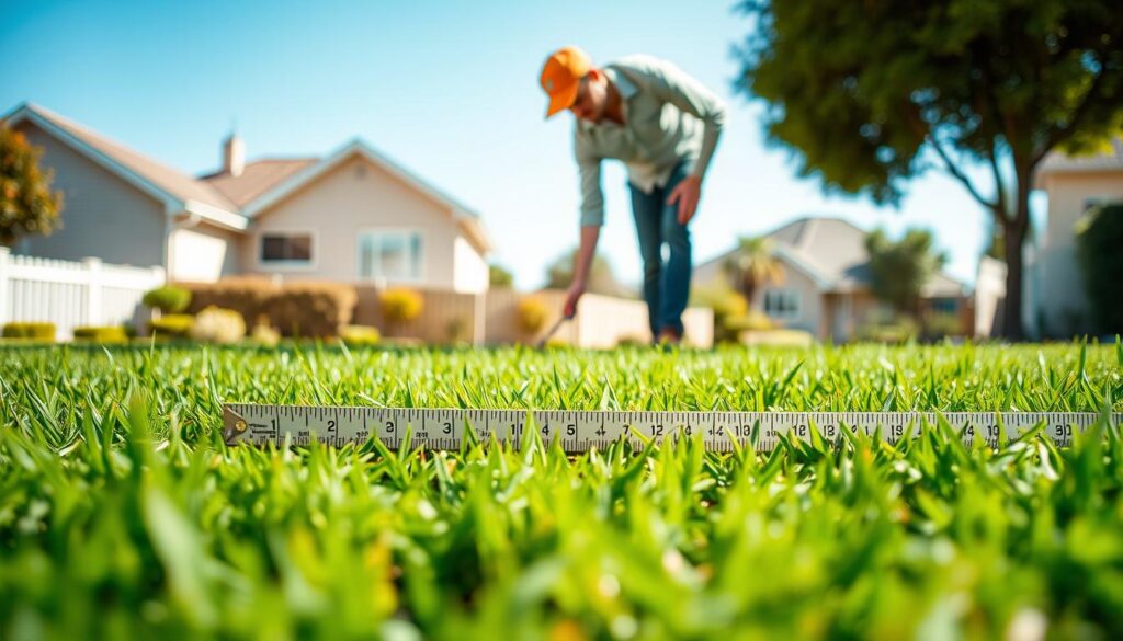 A close-up view of a lush, green lawn in Johannesburg, showcasing a neatly mowed grass area with clear lines and vibrant colors, emphasizing the texture of the grass blades. In the foreground, display a ruler or measuring tape laid out to demonstrate measurement per square meter, representing the cost efficiency aspect. The middle ground includes a professional landscaper in modest casual attire, meticulously examining the grass, conveying expertise and attention to detail. In the background, capture a sunny Johannesburg suburb, featuring a typical residential home and a clear blue sky, creating a bright and inviting atmosphere. Use warm sunlight to enhance the colors and add depth, with a shallow depth of field focusing on the grass and the landscaper to create an engaging visual narrative. A close-up view of a lush, green lawn in Johannesburg, showcasing a neatly mowed grass area with clear lines and vibrant colors, emphasizing the texture of the grass blades. In the foreground, display a ruler or measuring tape laid out to demonstrate measurement per square meter, representing the cost efficiency aspect. The middle ground includes a professional landscaper in modest casual attire, meticulously examining the grass, conveying expertise and attention to detail. In the background, capture a sunny Johannesburg suburb, featuring a typical residential home and a clear blue sky, creating a bright and inviting atmosphere. Use warm sunlight to enhance the colors and add depth, with a shallow depth of field focusing on the grass and the landscaper to create an engaging visual narrative.