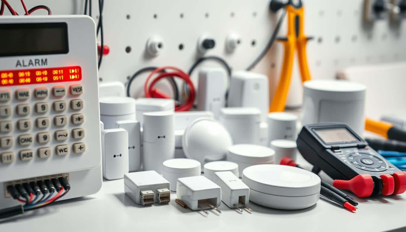 A-detailed-close-up-of-various-alarm-system-components-arranged-on-a ...