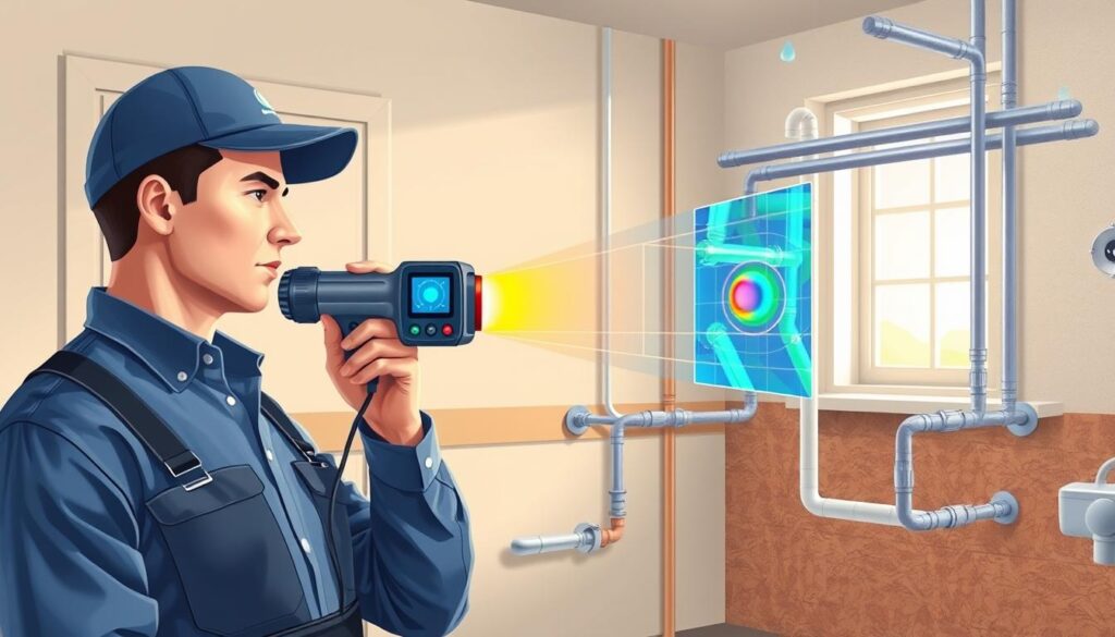 A detailed illustration depicting various leak detection methods used in plumbing. In the foreground, show a professional plumber dressed in a smart uniform, using an acoustic listening device to detect leaks. The middle ground features a high-tech infrared camera scanning pipes, with visual hints of temperature differences indicating leaks. In the background, depict a residential home’s plumbing system with visible pipes and fixtures, incorporating elements like wall insulation and water droplets to indicate potential leak points. The scene is well-lit with soft, natural light filtering in from a nearby window, creating a clean and professional atmosphere. Aim for a realistic style, focusing on the tools and technologies used while conveying an air of expertise and precision. A detailed illustration depicting various leak detection methods used in plumbing. In the foreground, show a professional plumber dressed in a smart uniform, using an acoustic listening device to detect leaks. The middle ground features a high-tech infrared camera scanning pipes, with visual hints of temperature differences indicating leaks. In the background, depict a residential home’s plumbing system with visible pipes and fixtures, incorporating elements like wall insulation and water droplets to indicate potential leak points. The scene is well-lit with soft, natural light filtering in from a nearby window, creating a clean and professional atmosphere. Aim for a realistic style, focusing on the tools and technologies used while conveying an air of expertise and precision.