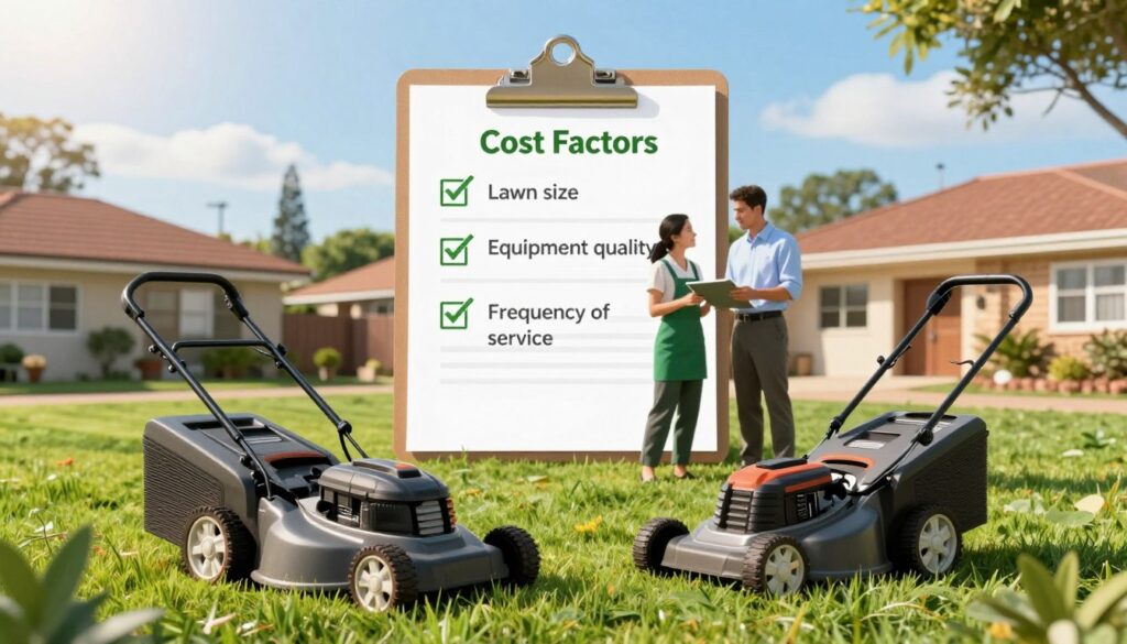 A detailed illustration of key cost factors affecting lawn mowing service prices. In the foreground, a neatly manicured lawn showcasing varying grass heights, with a modern lawn mower parked beside it. In the middle ground, depict a checklist on a clipboard highlighting factors such as lawn size, equipment quality, and frequency of service, with professional workers in modest casual clothing discussing the list. In the background, a suburban Johannesburg neighborhood with diverse homes under a bright blue sky, sun casting soft shadows. Use warm, natural lighting to create an inviting atmosphere, focusing on clarity and detail, capturing the essence of lawn care service costs. A detailed illustration of key cost factors affecting lawn mowing service prices. In the foreground, a neatly manicured lawn showcasing varying grass heights, with a modern lawn mower parked beside it. In the middle ground, depict a checklist on a clipboard highlighting factors such as lawn size, equipment quality, and frequency of service, with professional workers in modest casual clothing discussing the list. In the background, a suburban Johannesburg neighborhood with diverse homes under a bright blue sky, sun casting soft shadows. Use warm, natural lighting to create an inviting atmosphere, focusing on clarity and detail, capturing the essence of lawn care service costs.