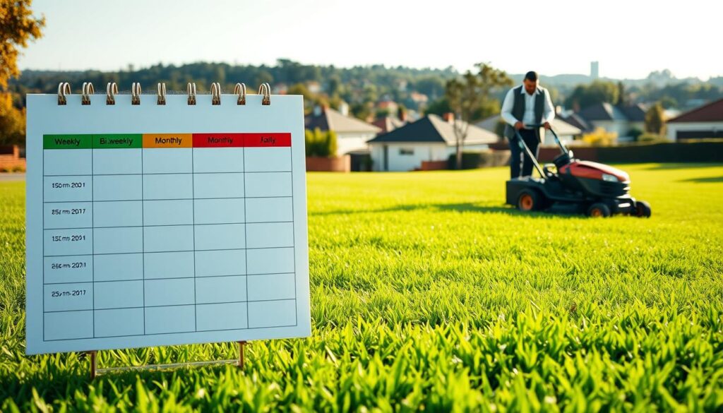 A neatly organized mowing schedule displayed on a vibrant green lawn. In the foreground, a colorful calendar with clear sections for different mowing frequencies, indicating weekly, bi-weekly, and monthly mowing options. The middle of the image showcases lush grass being cut by a professional lawn mower, with a skilled gardener in smart, casual attire focusing on precision. In the background, a picturesque suburban landscape of Johannesburg, featuring typical houses and trees, under a bright, sunny sky, casting soft shadows on the ground. The overall mood is one of professionalism and care, highlighting the importance of lawn maintenance in South Africa’s climate, with warm and inviting lighting to enhance the appeal of the lush greenery. A neatly organized mowing schedule displayed on a vibrant green lawn. In the foreground, a colorful calendar with clear sections for different mowing frequencies, indicating weekly, bi-weekly, and monthly mowing options. The middle of the image showcases lush grass being cut by a professional lawn mower, with a skilled gardener in smart, casual attire focusing on precision. In the background, a picturesque suburban landscape of Johannesburg, featuring typical houses and trees, under a bright, sunny sky, casting soft shadows on the ground. The overall mood is one of professionalism and care, highlighting the importance of lawn maintenance in South Africa’s climate, with warm and inviting lighting to enhance the appeal of the lush greenery.