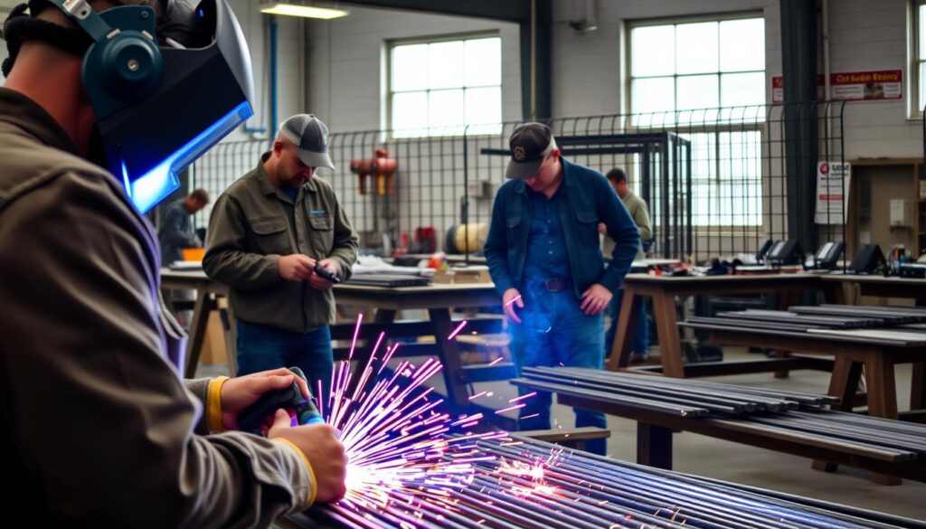A professional fence welding workshop scene featuring skilled welders in modest casual clothing, focused on various types of fences being constructed. In the foreground, a welder using a MIG welding machine, with sparks flying, highlighting the intricate details of the metalwork. In the middle ground, a neatly organized workspace with tools and materials like metal rods and safety equipment. The background shows a well-lit workshop with safety posters on the walls and large windows letting in natural light, creating a warm and inviting atmosphere. The overall mood is industrious and professional, showcasing the craftsmanship and expertise involved in fence welding services. The image is captured with a slightly elevated angle to provide a comprehensive view of the activities. A professional fence welding workshop scene featuring skilled welders in modest casual clothing, focused on various types of fences being constructed. In the foreground, a welder using a MIG welding machine, with sparks flying, highlighting the intricate details of the metalwork. In the middle ground, a neatly organized workspace with tools and materials like metal rods and safety equipment. The background shows a well-lit workshop with safety posters on the walls and large windows letting in natural light, creating a warm and inviting atmosphere. The overall mood is industrious and professional, showcasing the craftsmanship and expertise involved in fence welding services. The image is captured with a slightly elevated angle to provide a comprehensive view of the activities.