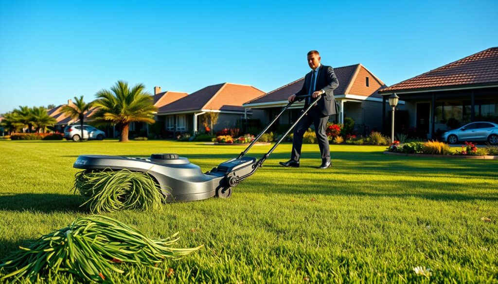 A serene and well-groomed lawn in Johannesburg, showcasing a freshly mowed landscape under a clear blue sky. In the foreground, a modern lawn mower sits next to neatly stacked grass clippings, reflecting the vibrant green of the grass. In the middle ground, a professional lawn care expert in neat business attire is focused on mowing, exuding a sense of efficiency and professionalism. In the background, a picturesque suburban neighborhood with modest yet charming homes and colorful flowerbeds enhances the scene. The lighting is warm and inviting, simulating late afternoon sun that casts soft shadows, capturing the essence of outdoor work. The overall atmosphere is tranquil yet industrious, reflecting the hustle of lawn care services in the area. A serene and well-groomed lawn in Johannesburg, showcasing a freshly mowed landscape under a clear blue sky. In the foreground, a modern lawn mower sits next to neatly stacked grass clippings, reflecting the vibrant green of the grass. In the middle ground, a professional lawn care expert in neat business attire is focused on mowing, exuding a sense of efficiency and professionalism. In the background, a picturesque suburban neighborhood with modest yet charming homes and colorful flowerbeds enhances the scene. The lighting is warm and inviting, simulating late afternoon sun that casts soft shadows, capturing the essence of outdoor work. The overall atmosphere is tranquil yet industrious, reflecting the hustle of lawn care services in the area.